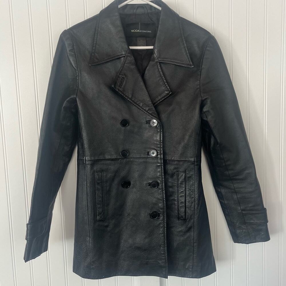 Y2k 90s Black Leather Jacket Trench Coat Double Breasted Shiny Sleek Extra Small